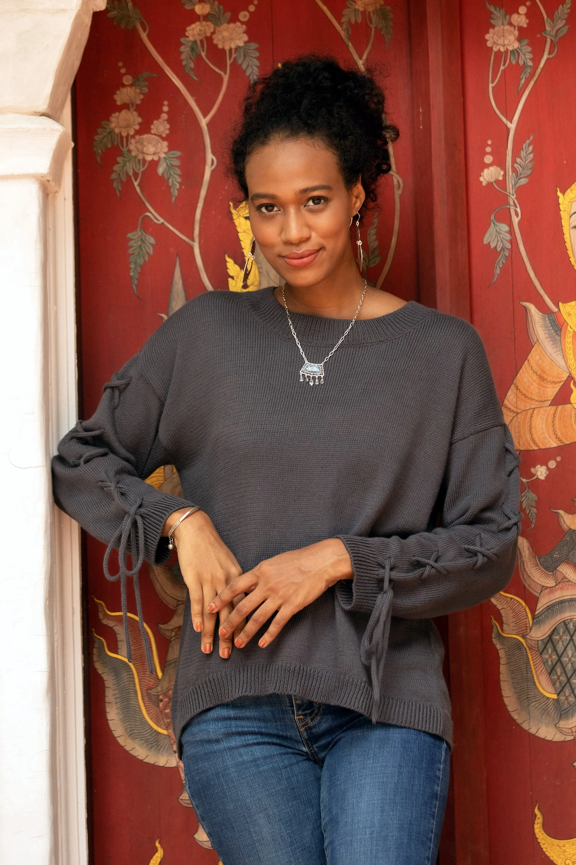 Knit Cotton Pullover in Flint from Thailand - Cool Cross in Flint | NOVICA