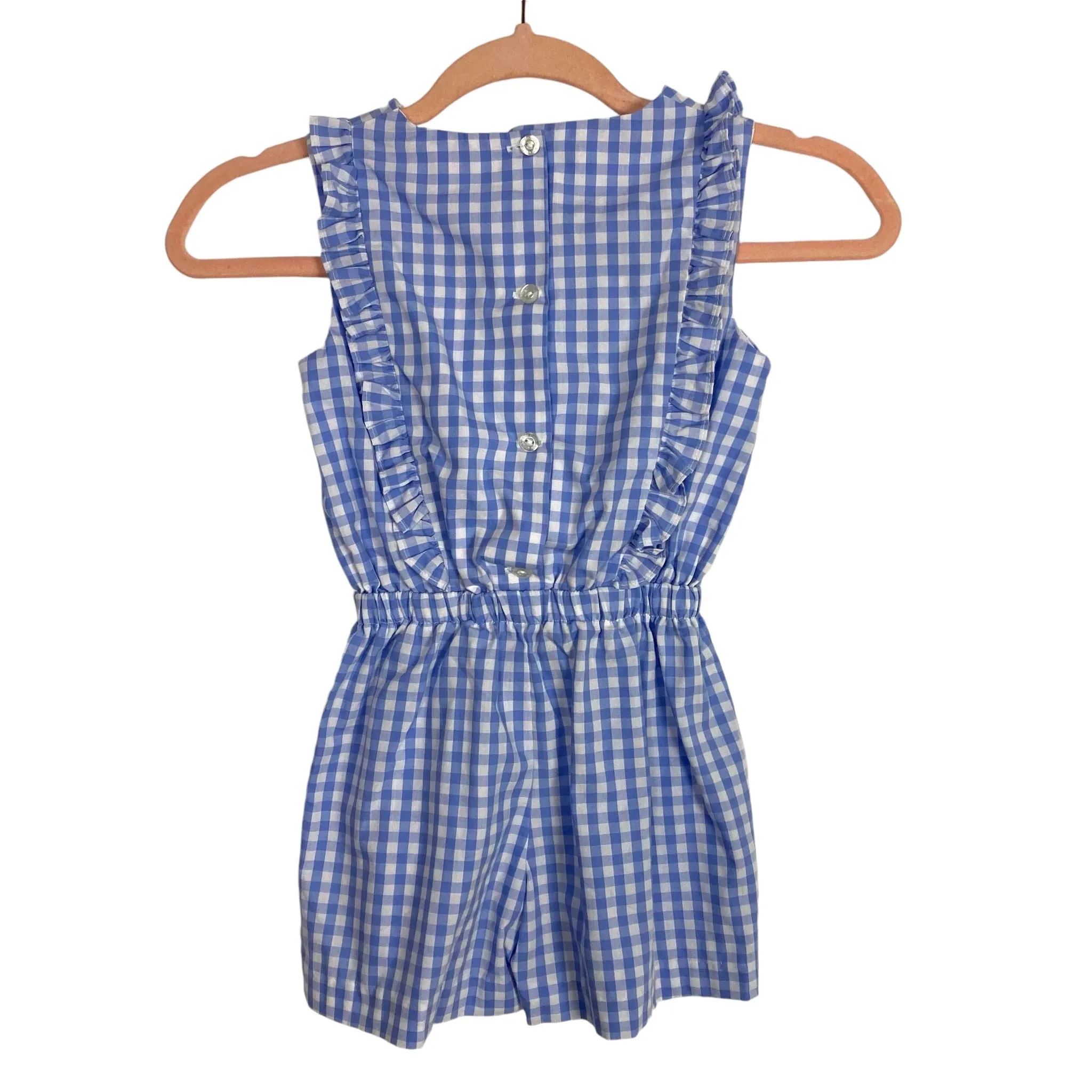 Little English Blue Gingham Watermelon Ruffle Romper- Size 5
