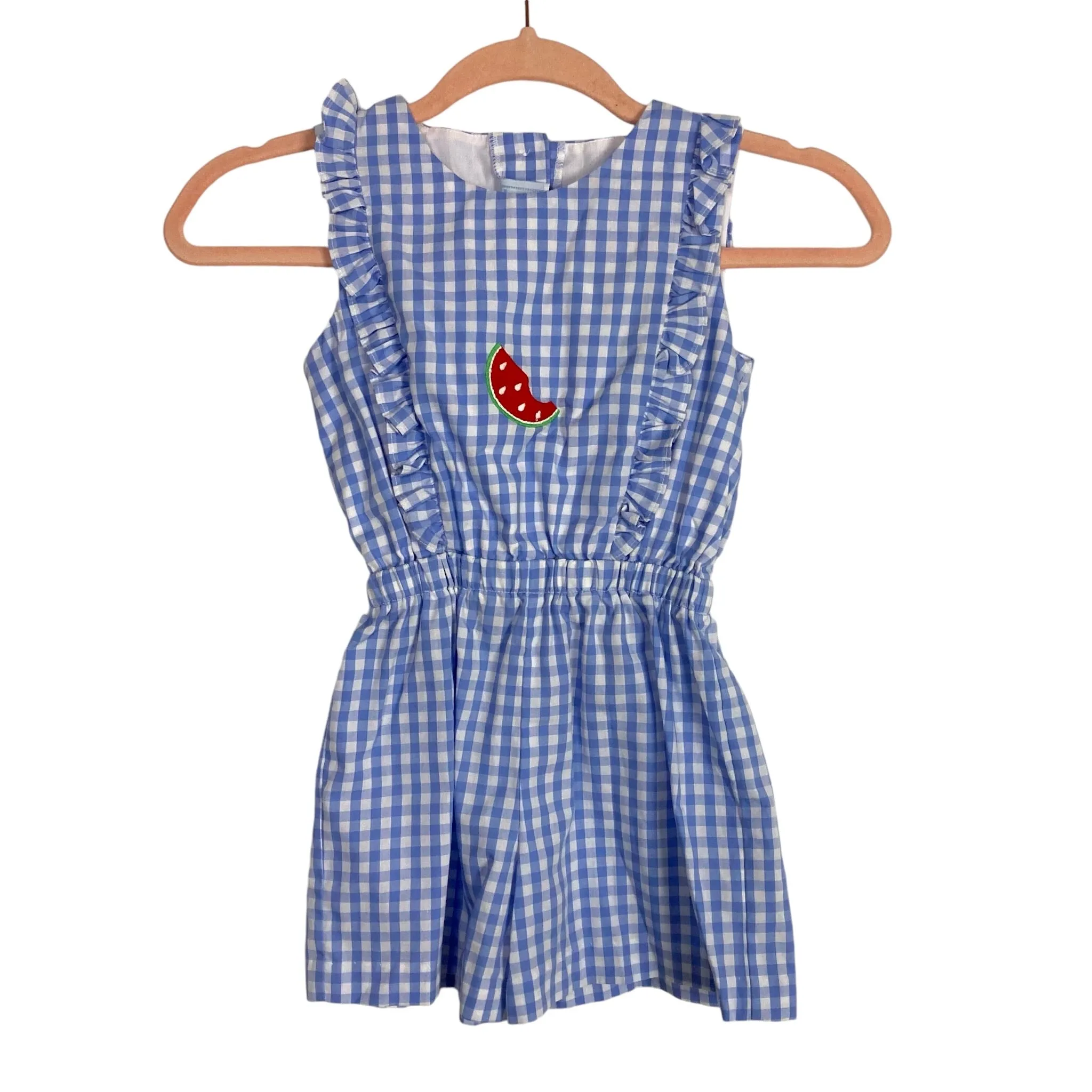 Little English Blue Gingham Watermelon Ruffle Romper- Size 5