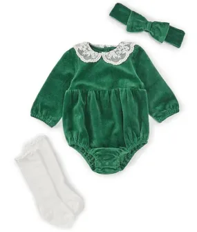 Long Sleeve Lace-Collar Velour Bodysuit by Little Me