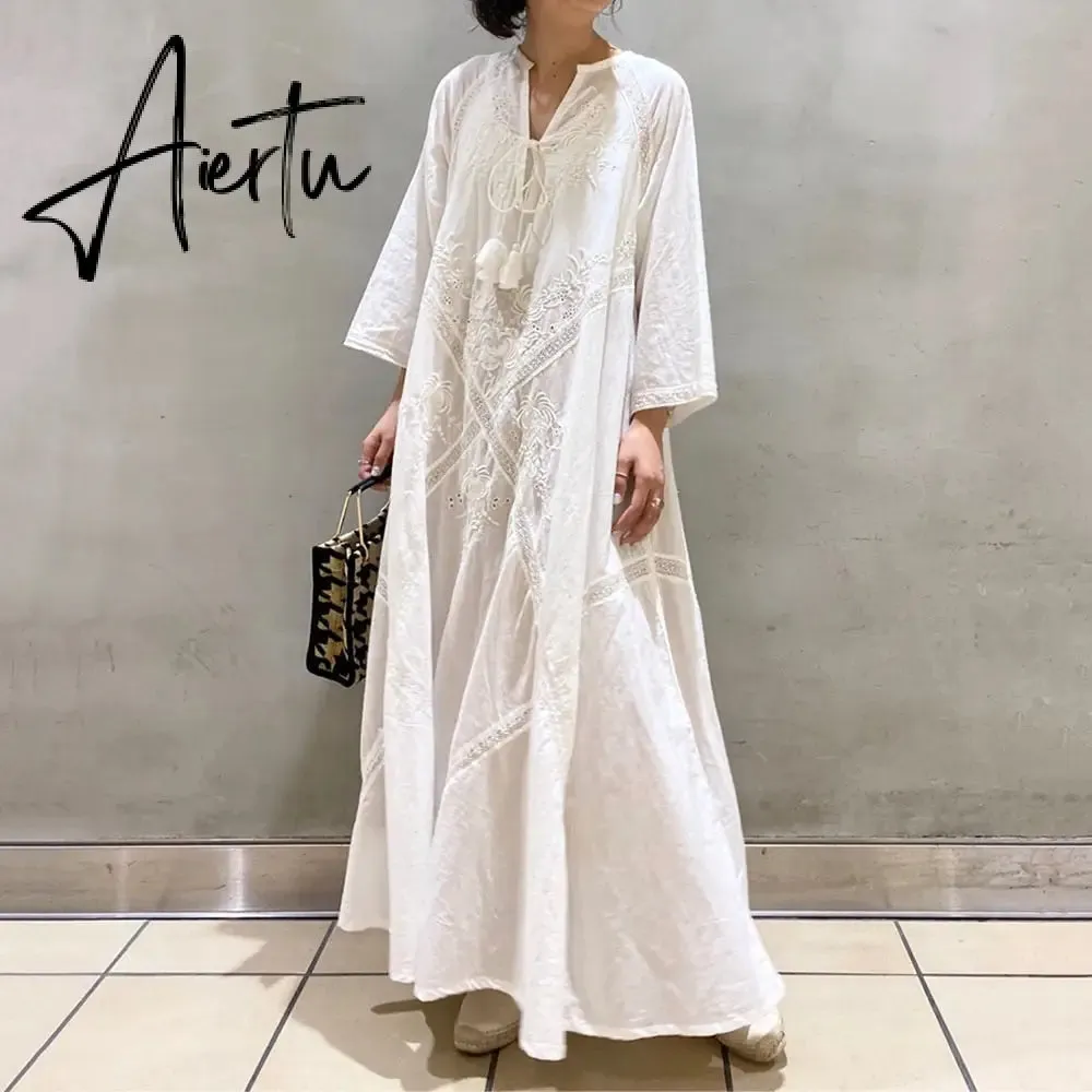 Loose Embroidery White Lace V-Neck Long Beach Dress Summer Boho Women Maxi Dress Elegant Dress Holiday Women Clothing