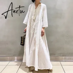 Loose Embroidery White Lace V-Neck Long Beach Dress Summer Boho Women Maxi Dress Elegant Dress Holiday Women Clothing