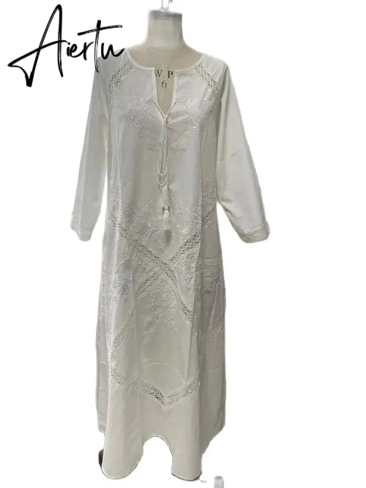 Loose Embroidery White Lace V-Neck Long Beach Dress Summer Boho Women Maxi Dress Elegant Dress Holiday Women Clothing