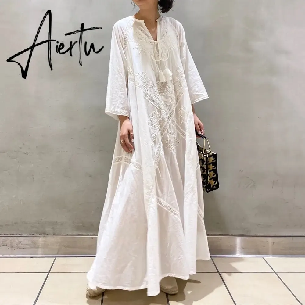 Loose Embroidery White Lace V-Neck Long Beach Dress Summer Boho Women Maxi Dress Elegant Dress Holiday Women Clothing