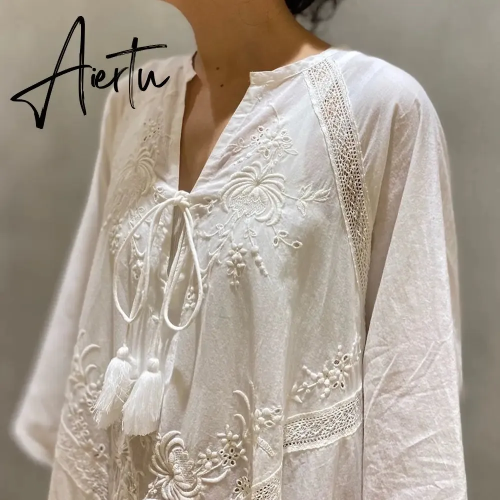 Loose Embroidery White Lace V-Neck Long Beach Dress Summer Boho Women Maxi Dress Elegant Dress Holiday Women Clothing