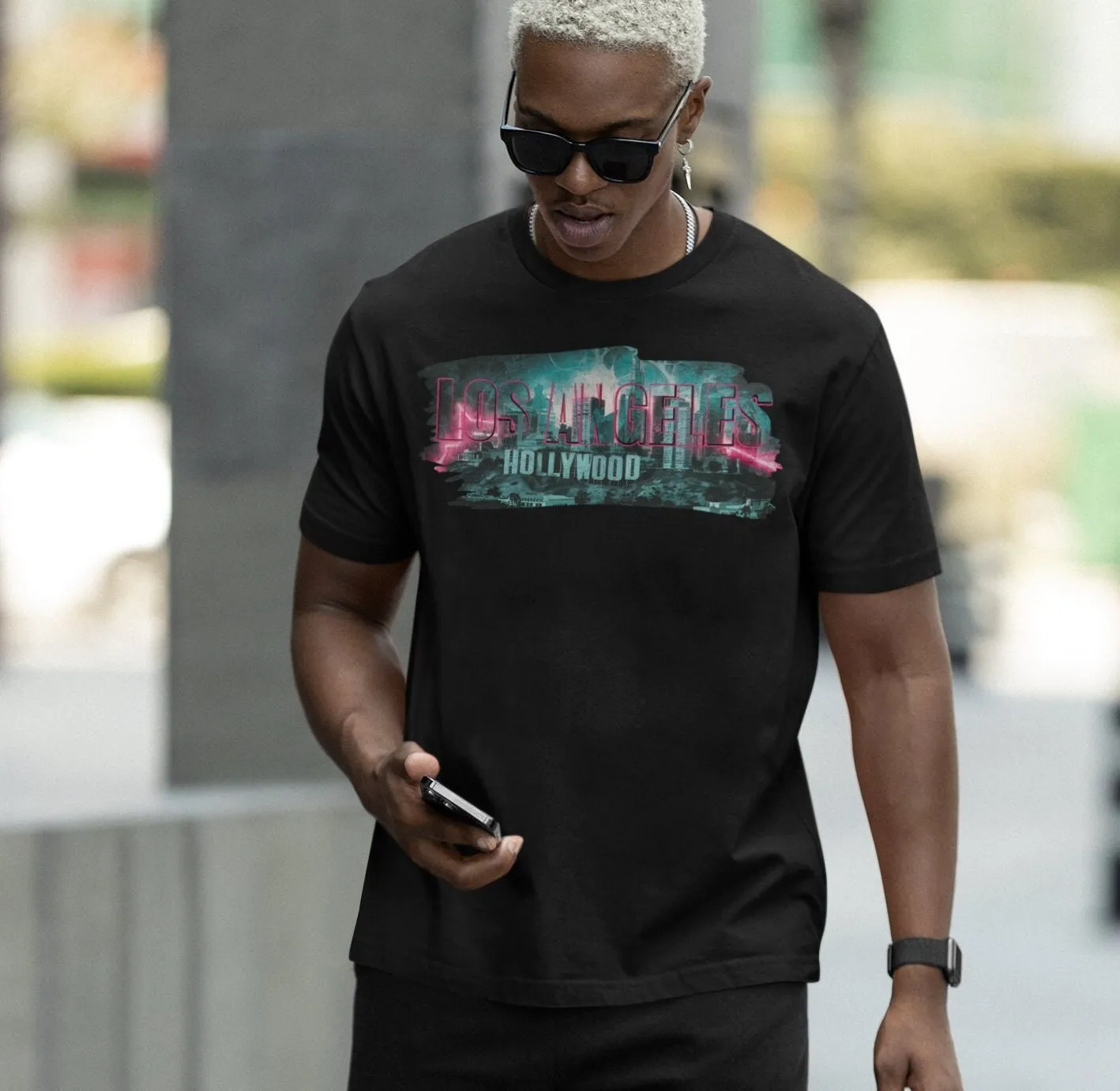 Los Angeles Hollywood Cityscape T-Shirt, Retro Los Angeles Skyline Tee, Neon Lights LA Hollywood Graphic T-Shirt