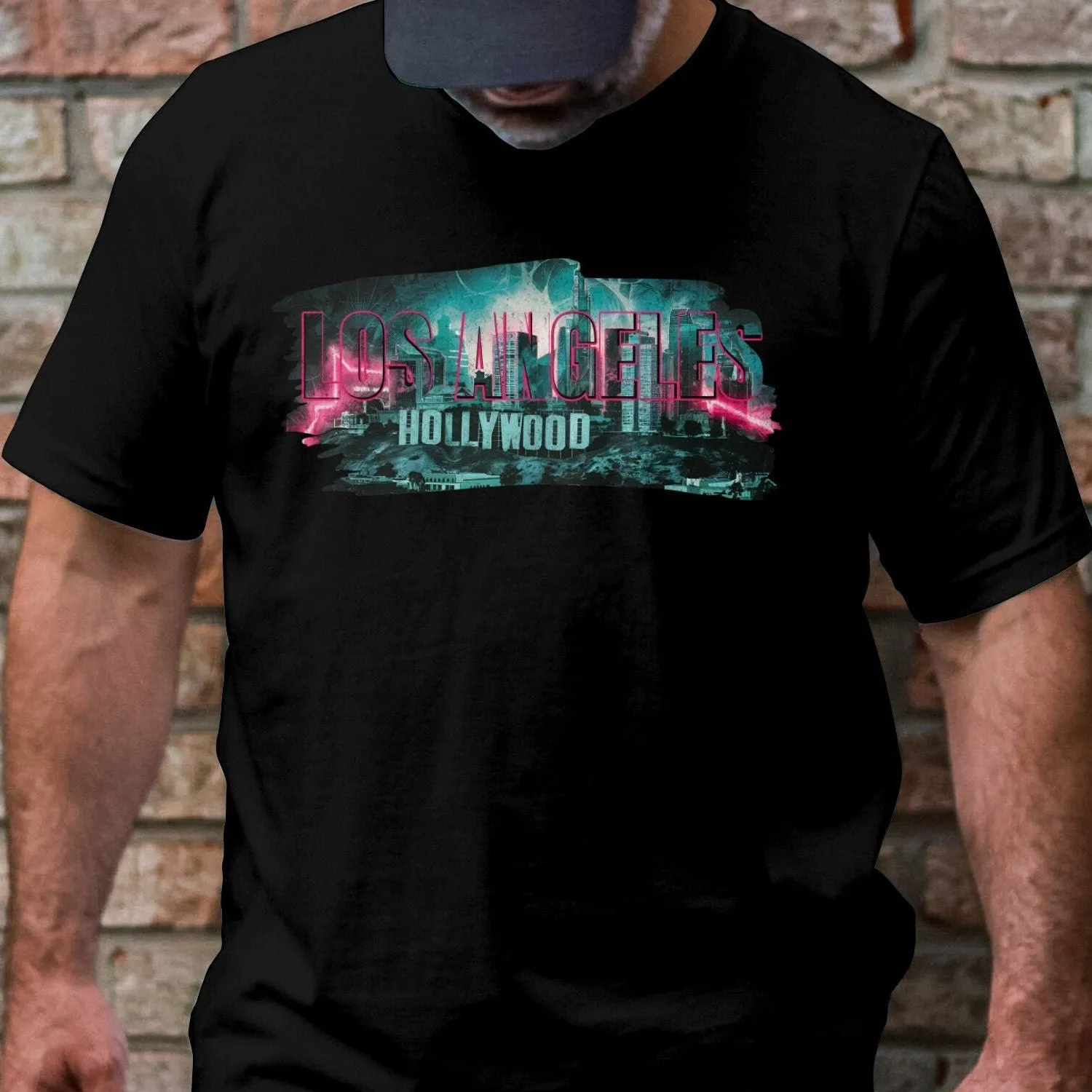 Los Angeles Hollywood Cityscape T-Shirt, Retro Los Angeles Skyline Tee, Neon Lights LA Hollywood Graphic T-Shirt