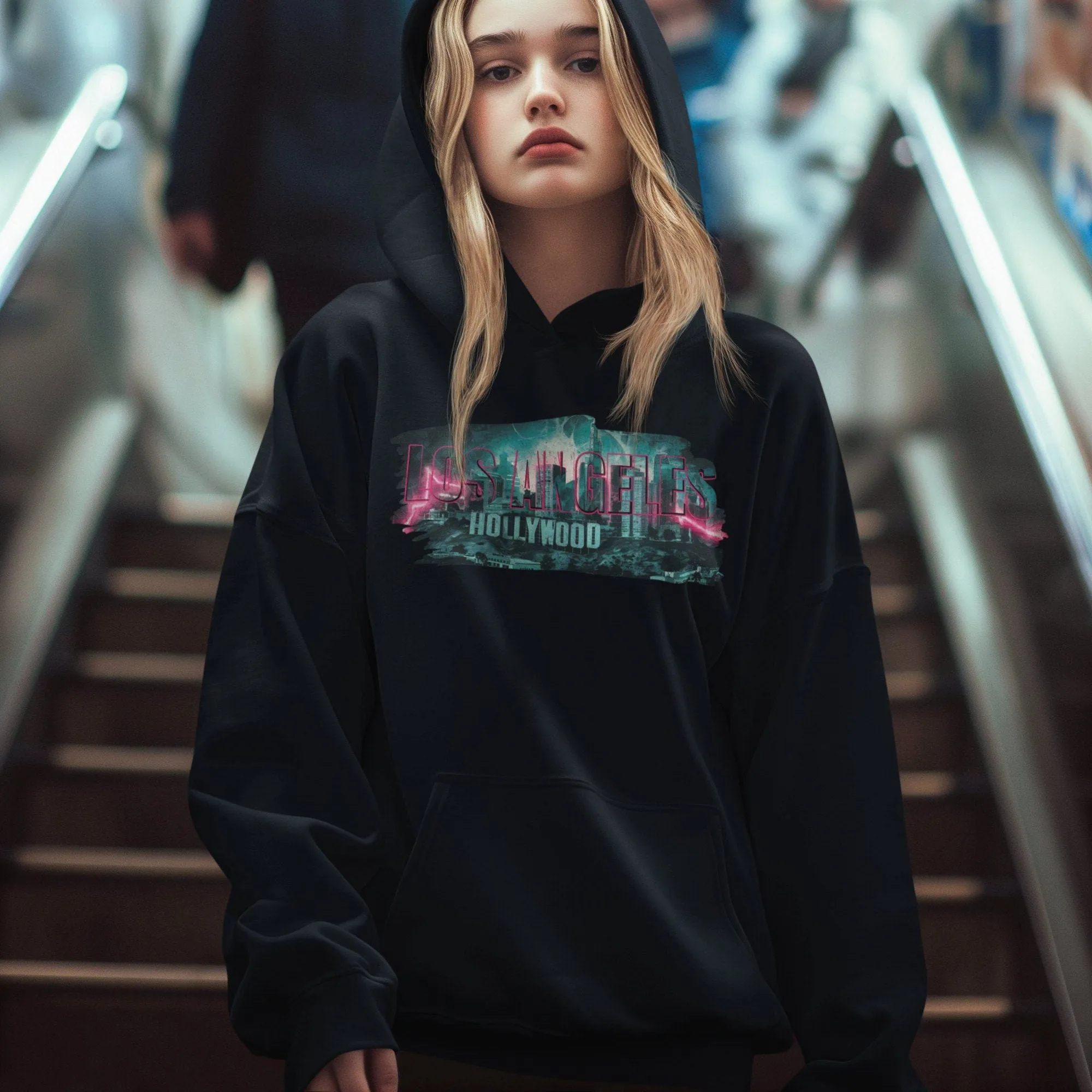 Los Angeles Hollywood Cityscape T-Shirt, Retro Los Angeles Skyline Tee, Neon Lights LA Hollywood Graphic T-Shirt