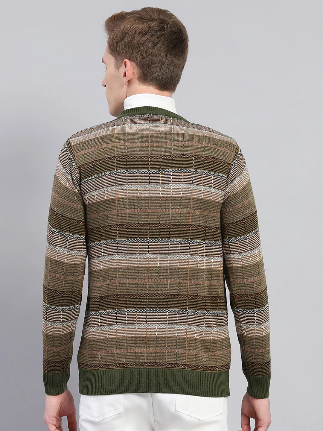 Men Green & Brown Stripe V Neck Full Sleeve Pullover
