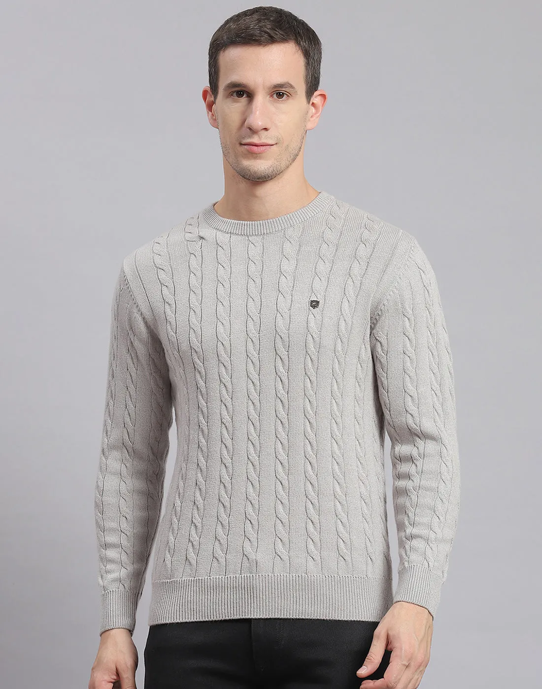 Men Grey Self Design Round Neck Full Sleeve Sweater