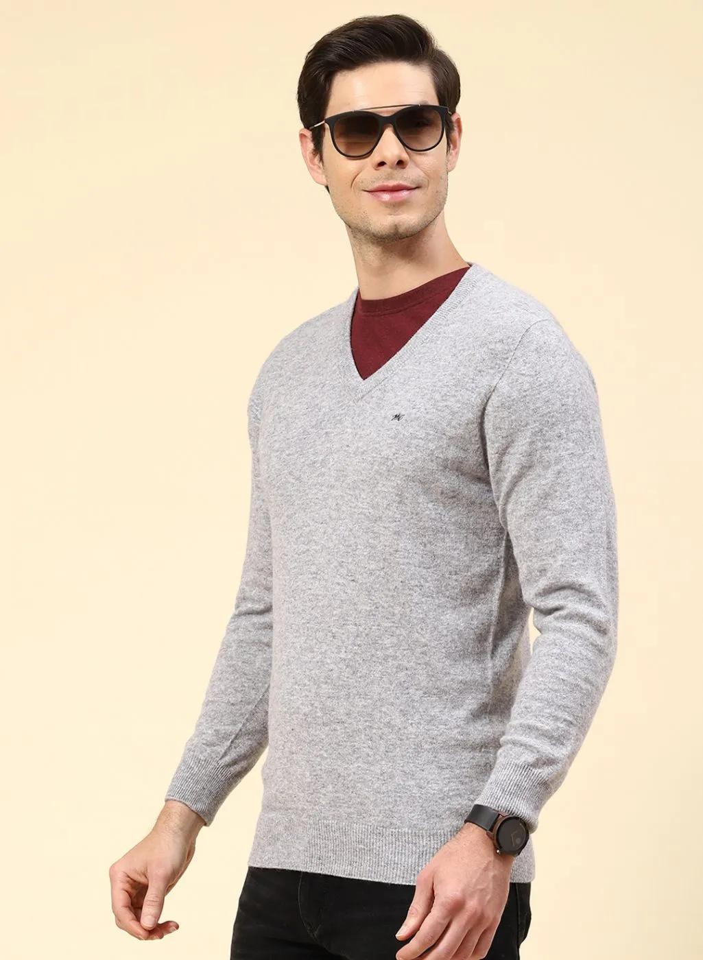 Men Grey Solid Lamb wool Pullover