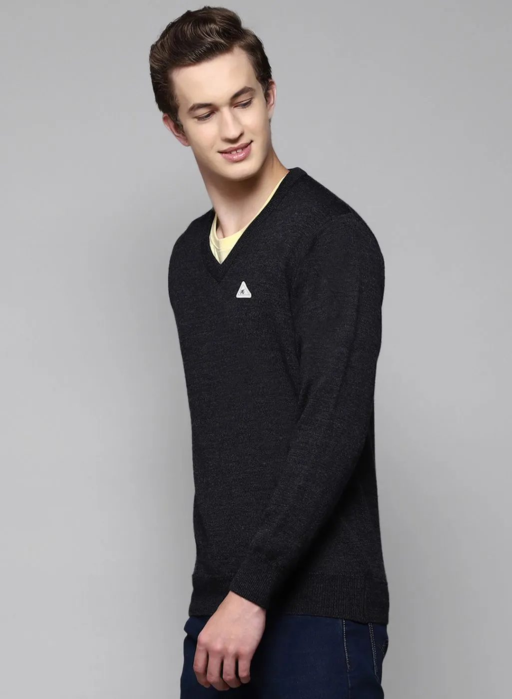 Men Grey Solid Pure wool Pullover