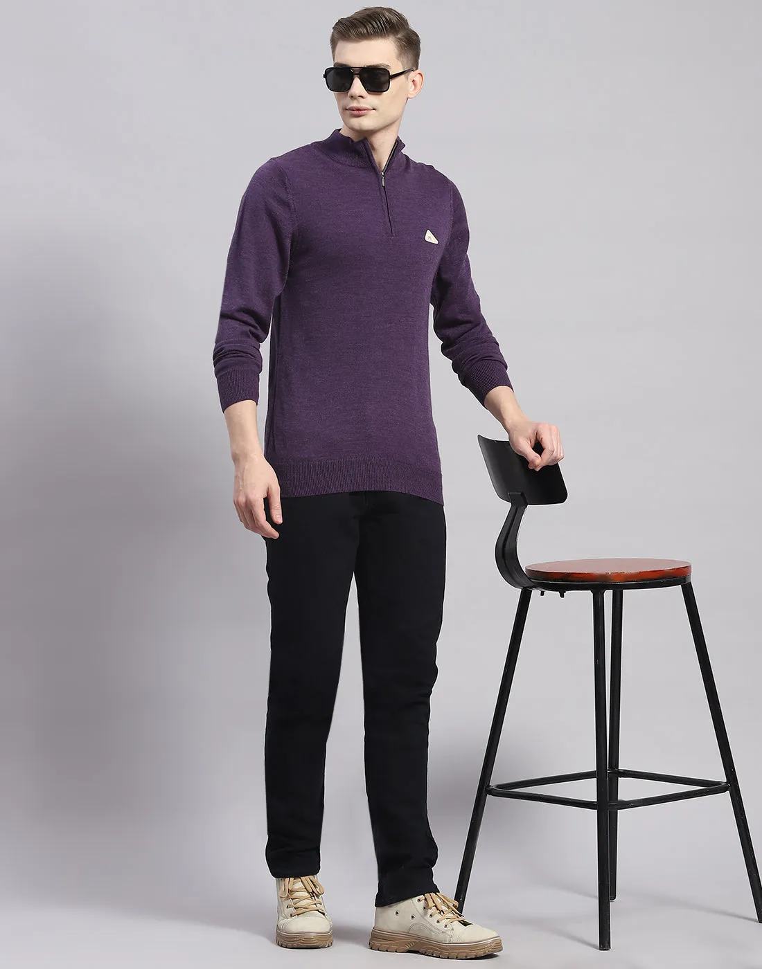 Men Purple Solid H Neck Full Sleeve Pullover