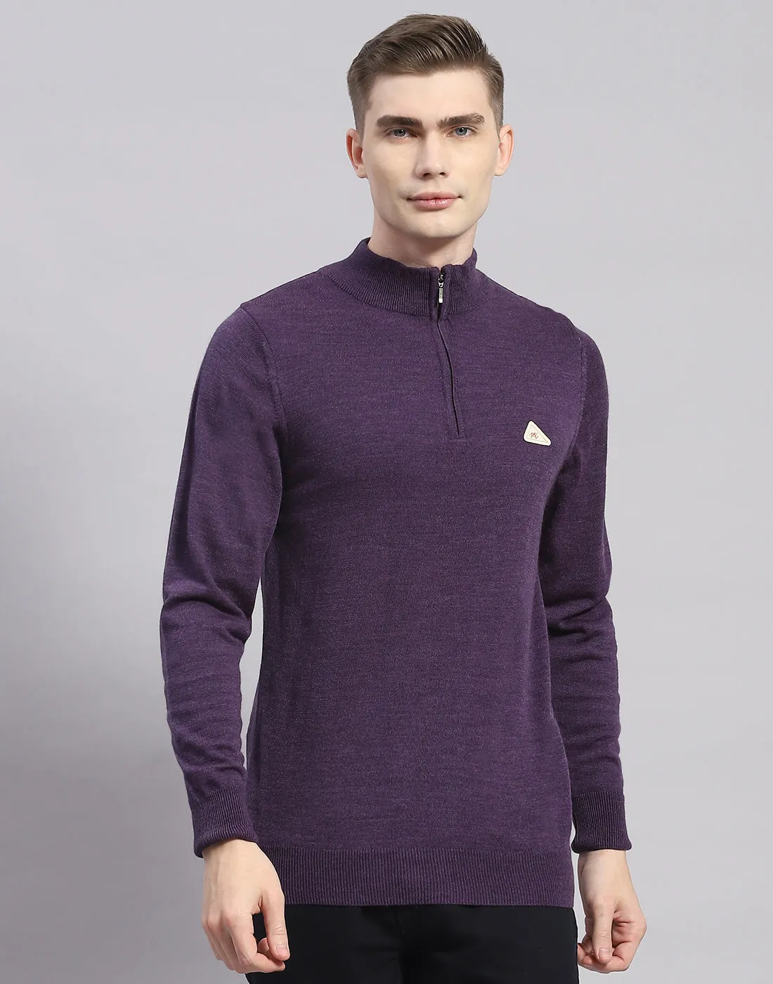 Men Purple Solid H Neck Full Sleeve Pullover