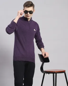 Men Purple Solid H Neck Full Sleeve Pullover