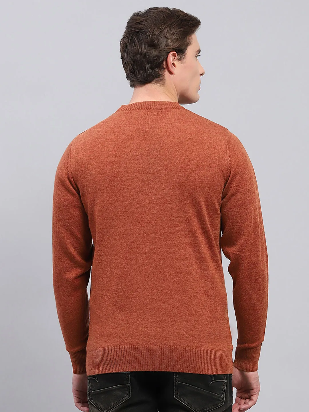 Men Rust Solid Round Neck Full Sleeve Pullover