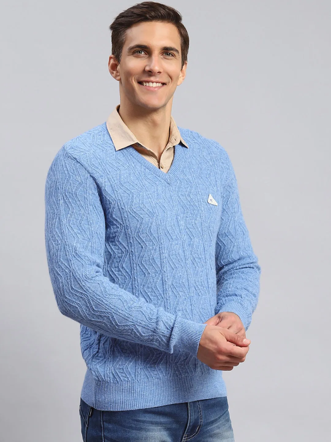 Men Sky Blue Self Design Lamb wool Pullover