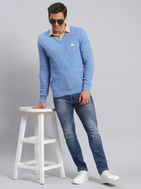 Men Sky Blue Self Design Lamb wool Pullover