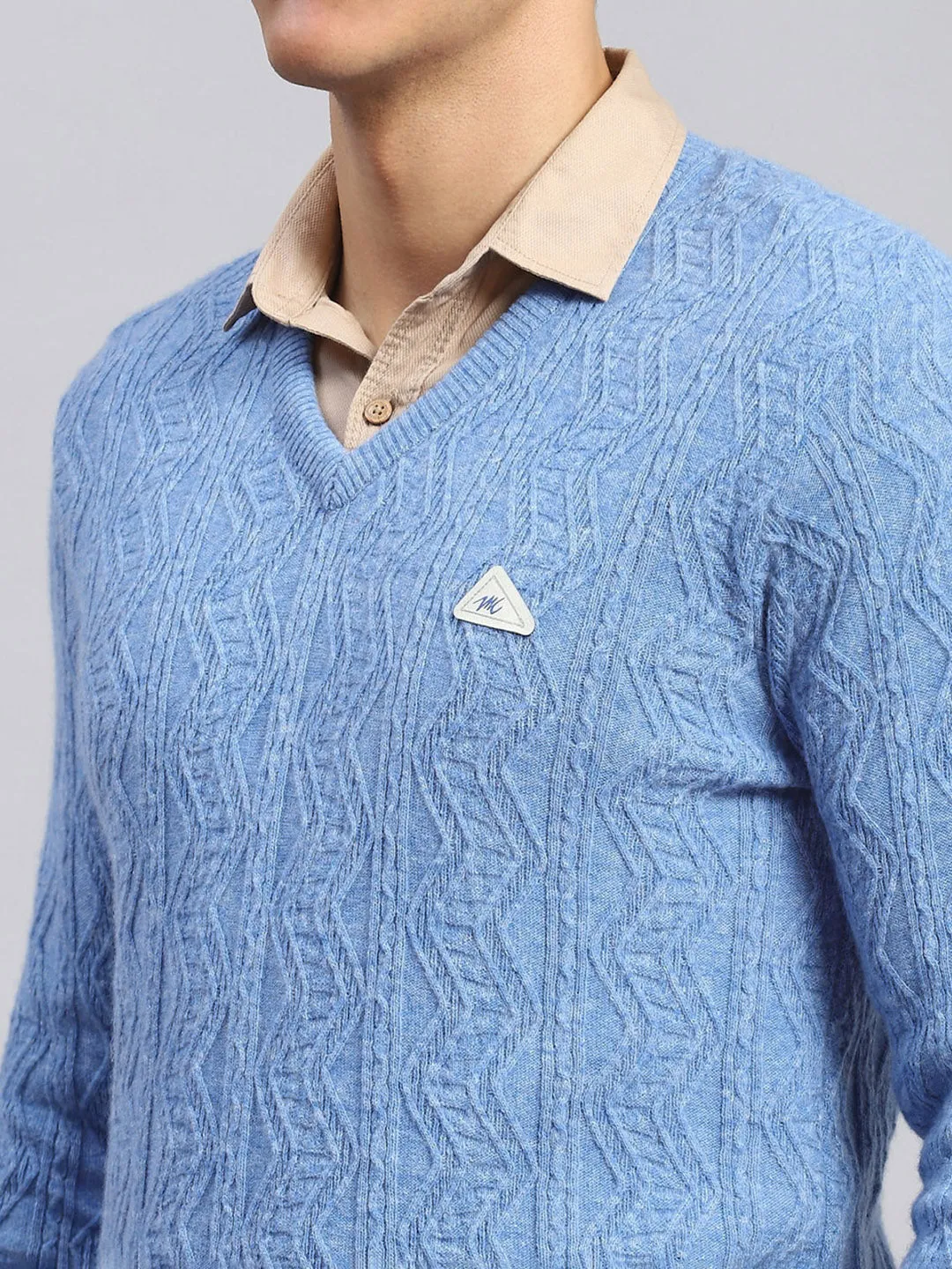 Men Sky Blue Self Design Lamb wool Pullover