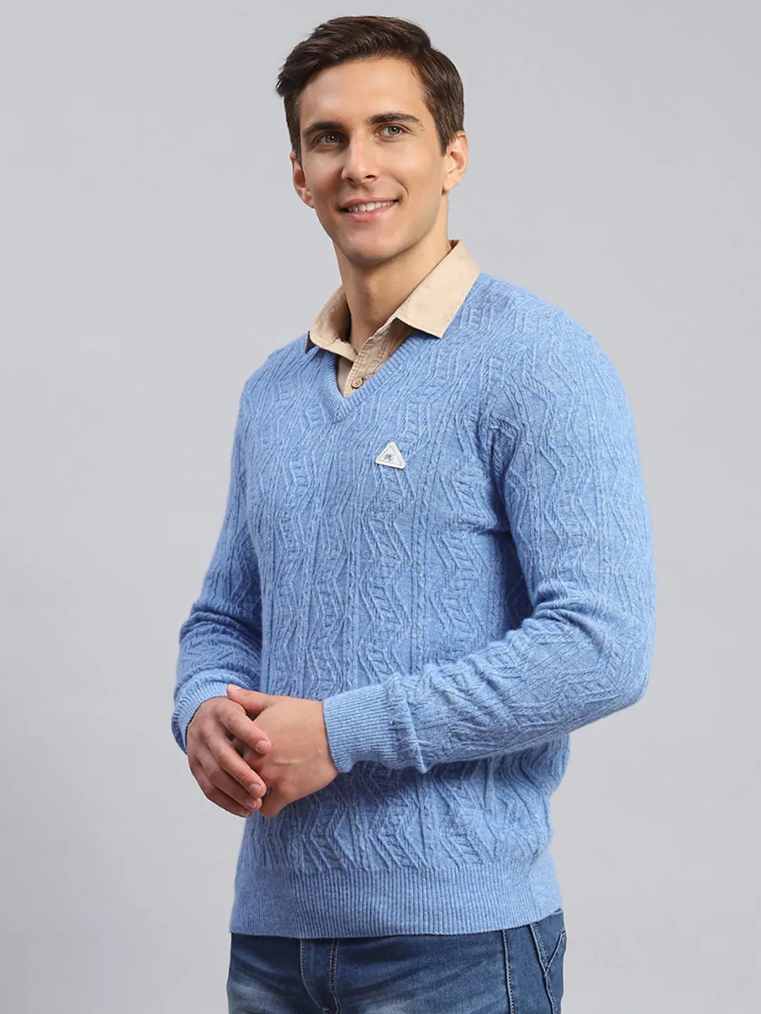 Men Sky Blue Self Design Lamb wool Pullover