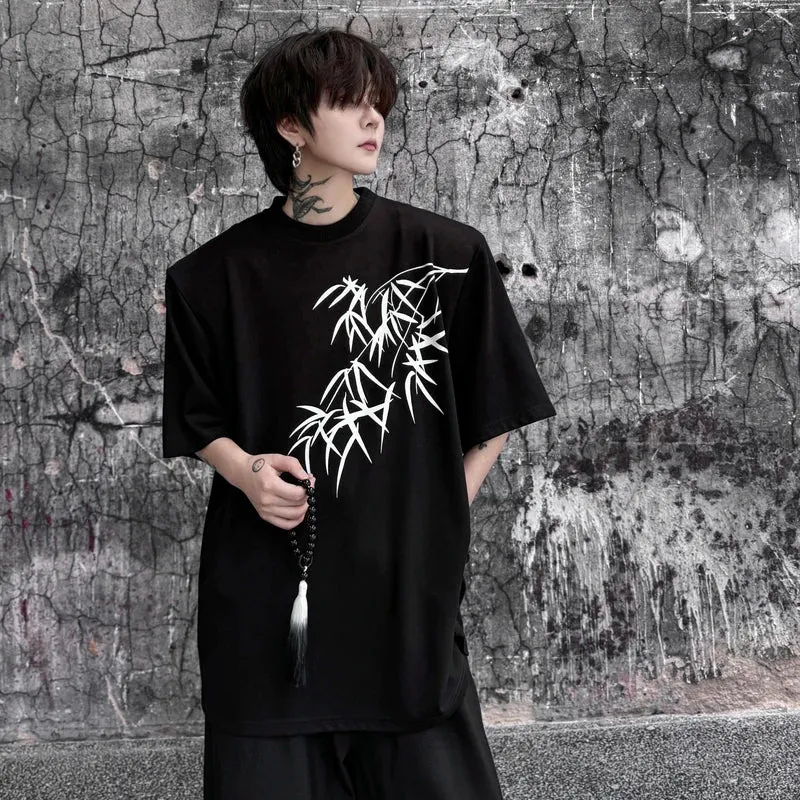Men's Short Sleeve T-shirt Chinese Style Bamboo Print Loose O-Neck Trend Man Top Summer Stylish Pullover 9C5551