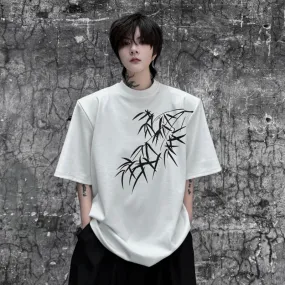 Men's Short Sleeve T-shirt Chinese Style Bamboo Print Loose O-Neck Trend Man Top Summer Stylish Pullover 9C5551