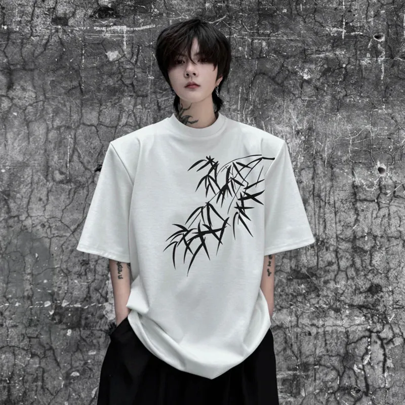 Men's Short Sleeve T-shirt Chinese Style Bamboo Print Loose O-Neck Trend Man Top Summer Stylish Pullover 9C5551