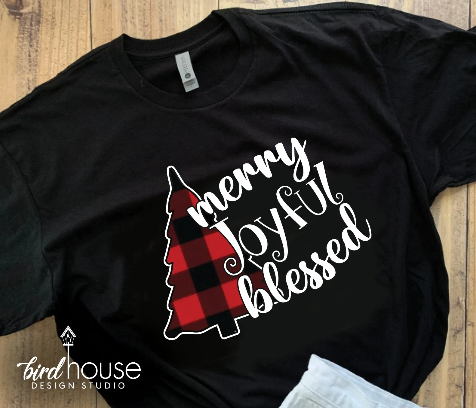 Merry Joyful Blessed Christmas Shirt, Cute Buffalo Print Christmas Tree Tee