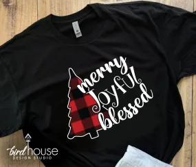 Merry Joyful Blessed Christmas Shirt, Cute Buffalo Print Christmas Tree Tee