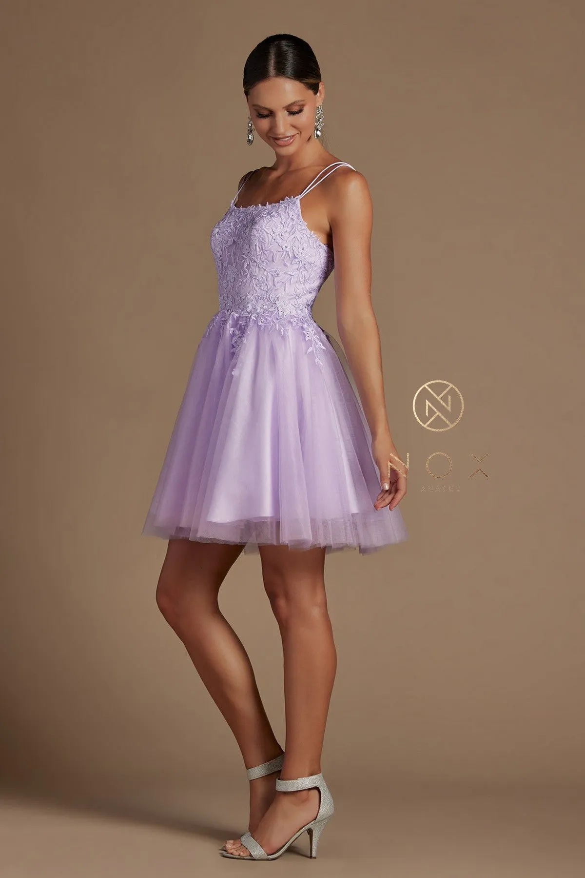 N T718 - Layered Tulle A-Line Homecoming Dress with Bateau Neck 3D Floral Lace Applique Bodice Spaghetti Straps & Open Lace Up Corset Back