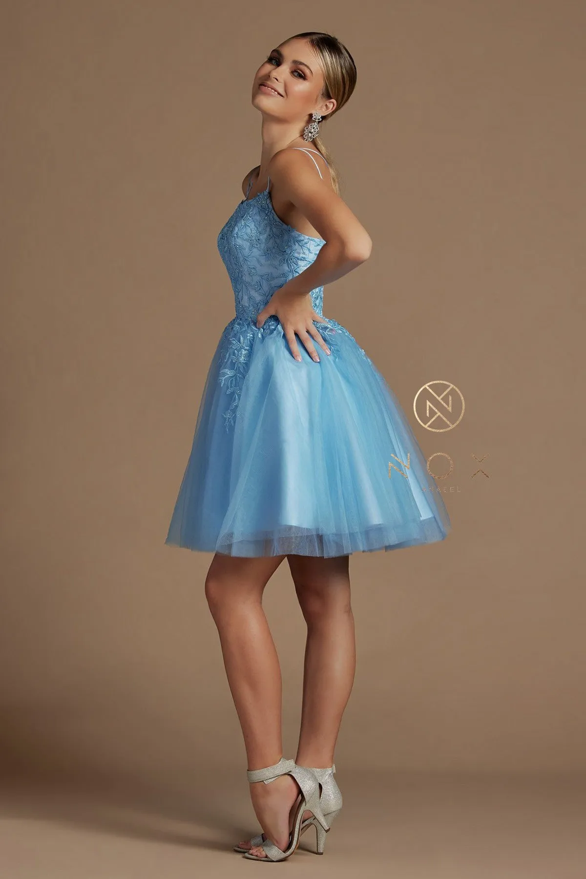 N T718 - Layered Tulle A-Line Homecoming Dress with Bateau Neck 3D Floral Lace Applique Bodice Spaghetti Straps & Open Lace Up Corset Back
