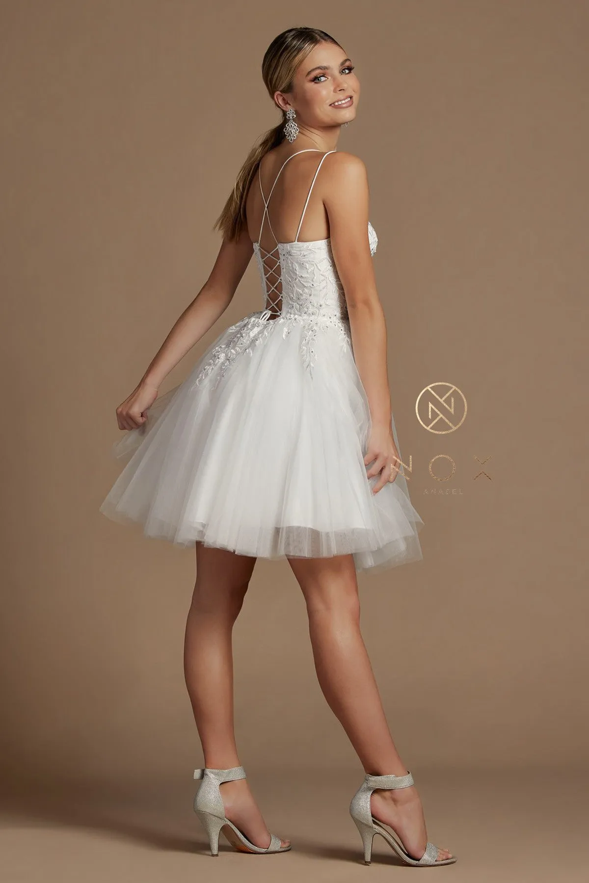 N T718 - Layered Tulle A-Line Homecoming Dress with Bateau Neck 3D Floral Lace Applique Bodice Spaghetti Straps & Open Lace Up Corset Back