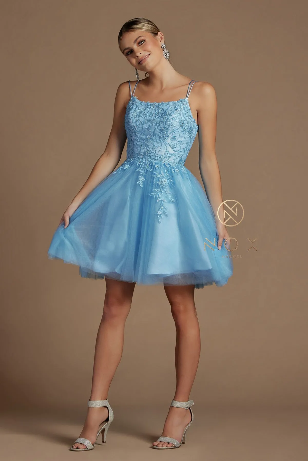 N T718 - Layered Tulle A-Line Homecoming Dress with Bateau Neck 3D Floral Lace Applique Bodice Spaghetti Straps & Open Lace Up Corset Back