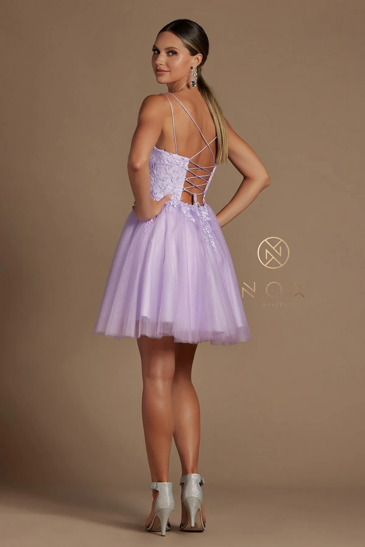 N T718 - Layered Tulle A-Line Homecoming Dress with Bateau Neck 3D Floral Lace Applique Bodice Spaghetti Straps & Open Lace Up Corset Back