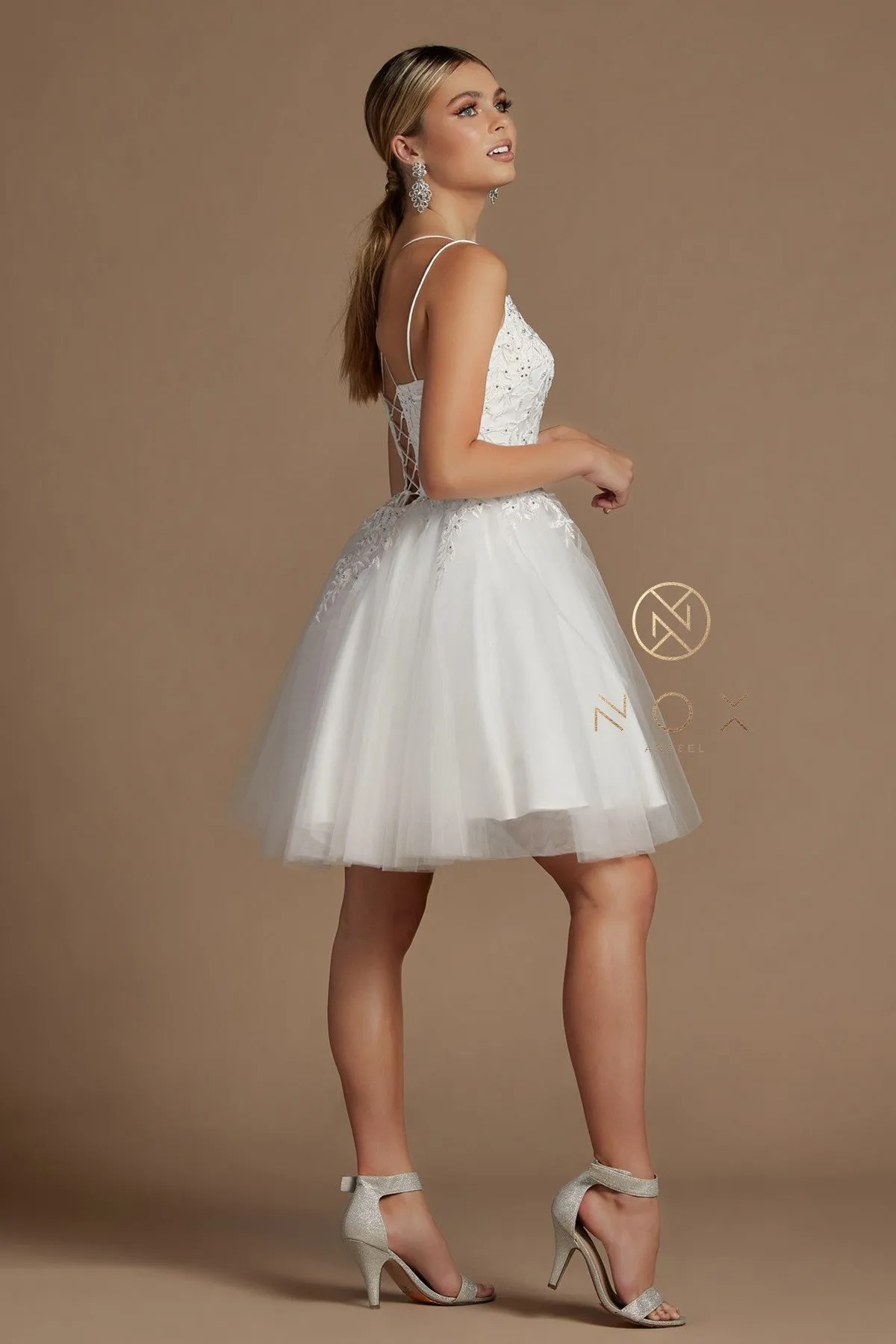 N T718 - Layered Tulle A-Line Homecoming Dress with Bateau Neck 3D Floral Lace Applique Bodice Spaghetti Straps & Open Lace Up Corset Back