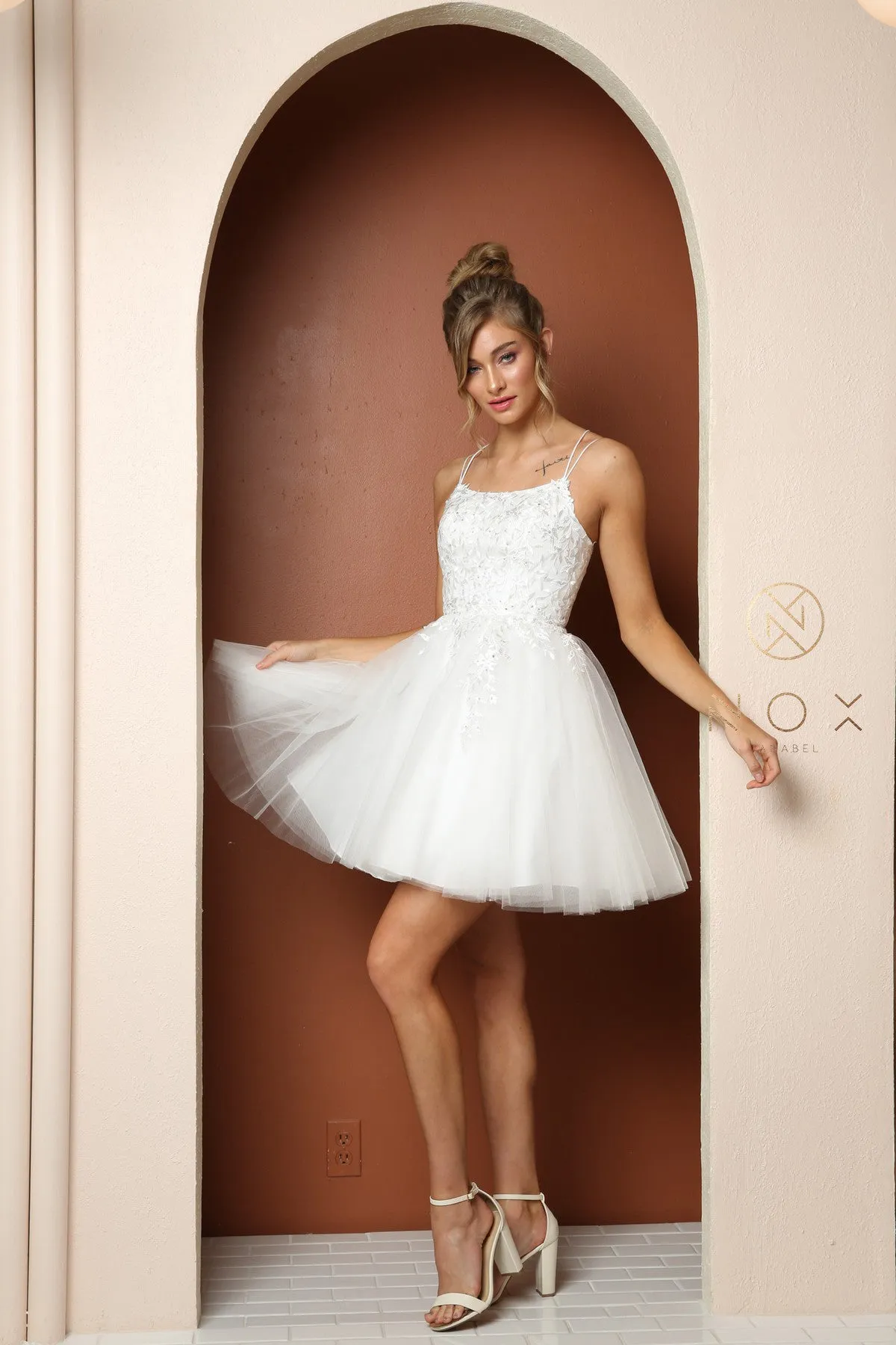 N T718 - Layered Tulle A-Line Homecoming Dress with Bateau Neck 3D Floral Lace Applique Bodice Spaghetti Straps & Open Lace Up Corset Back