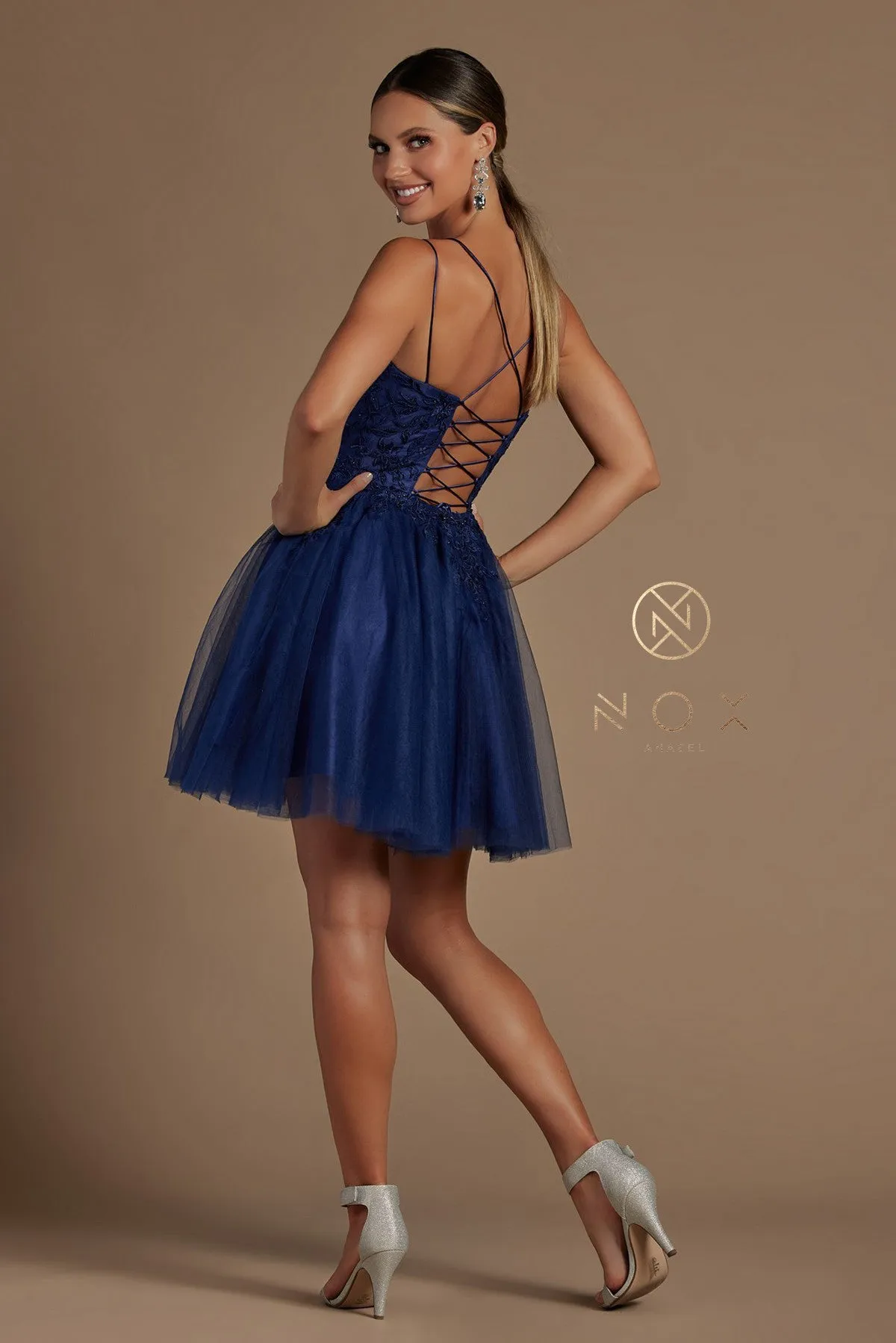 N T718 - Layered Tulle A-Line Homecoming Dress with Bateau Neck 3D Floral Lace Applique Bodice Spaghetti Straps & Open Lace Up Corset Back