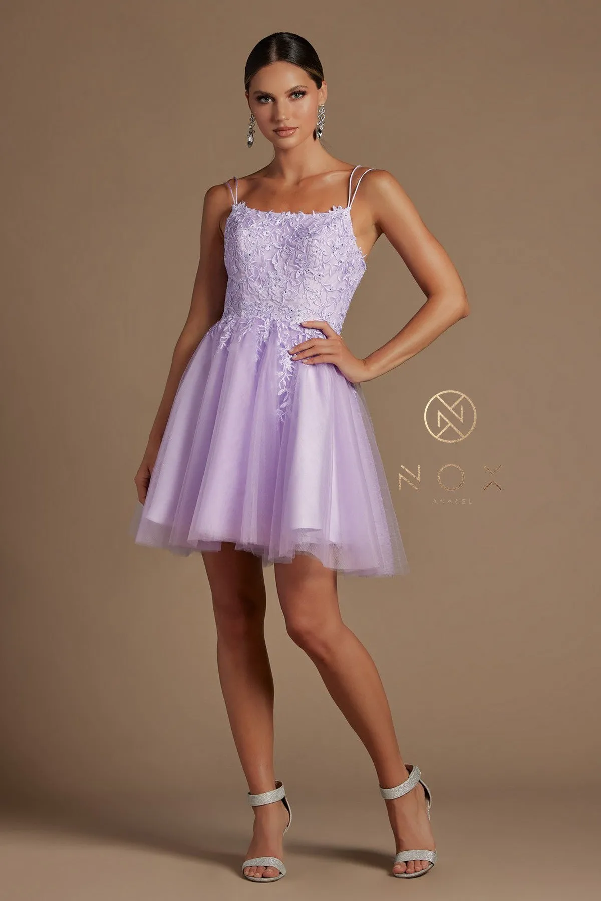 N T718 - Layered Tulle A-Line Homecoming Dress with Bateau Neck 3D Floral Lace Applique Bodice Spaghetti Straps & Open Lace Up Corset Back
