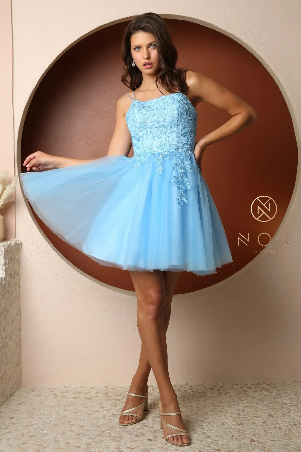 N T718 - Layered Tulle A-Line Homecoming Dress with Bateau Neck 3D Floral Lace Applique Bodice Spaghetti Straps & Open Lace Up Corset Back