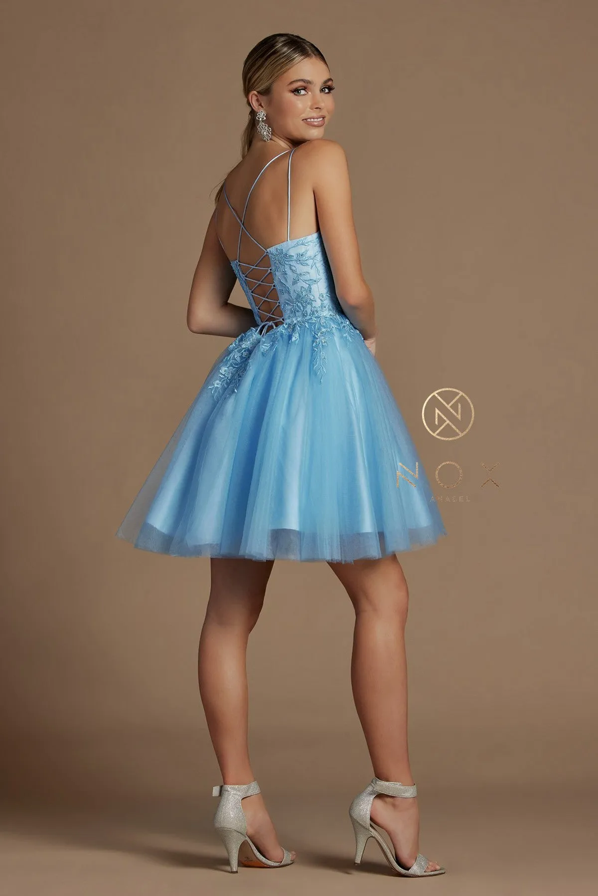 N T718 - Layered Tulle A-Line Homecoming Dress with Bateau Neck 3D Floral Lace Applique Bodice Spaghetti Straps & Open Lace Up Corset Back