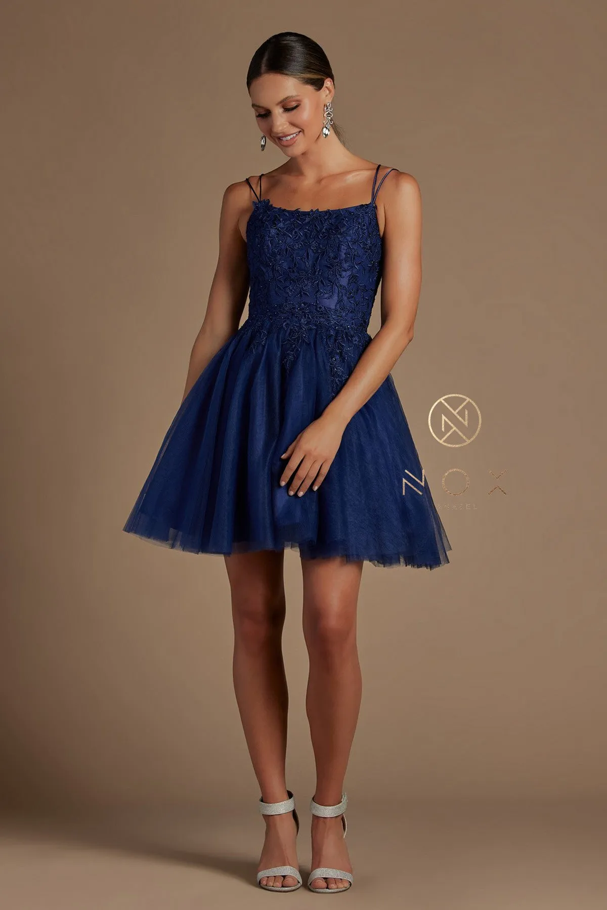 N T718 - Layered Tulle A-Line Homecoming Dress with Bateau Neck 3D Floral Lace Applique Bodice Spaghetti Straps & Open Lace Up Corset Back