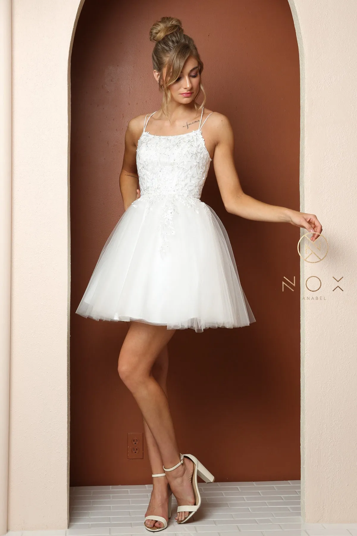 N T718 - Layered Tulle A-Line Homecoming Dress with Bateau Neck 3D Floral Lace Applique Bodice Spaghetti Straps & Open Lace Up Corset Back
