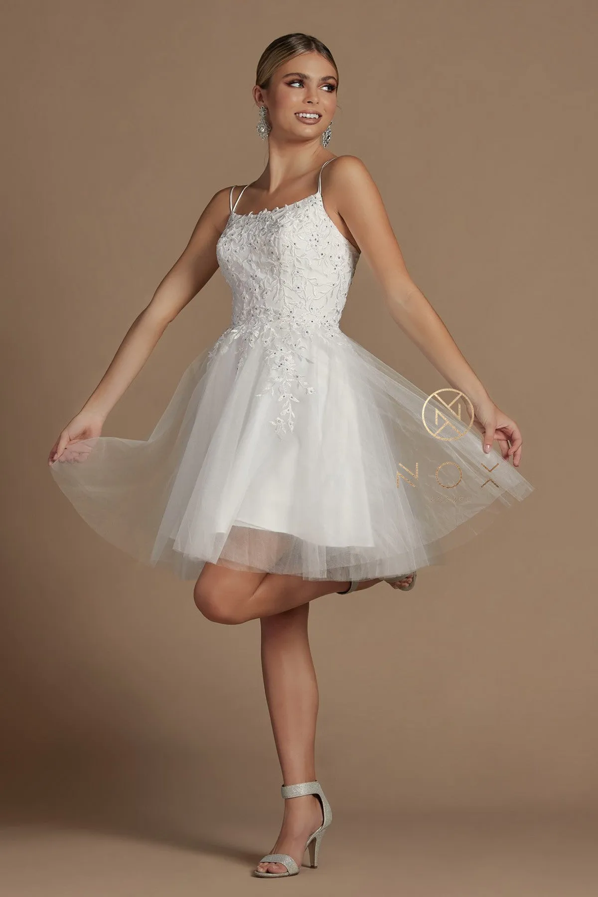 N T718 - Layered Tulle A-Line Homecoming Dress with Bateau Neck 3D Floral Lace Applique Bodice Spaghetti Straps & Open Lace Up Corset Back