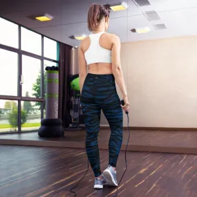 Navy Blue Tiger Yoga Leggings, Striped Animal Print Women's Long Tights-Made in USA/EU
