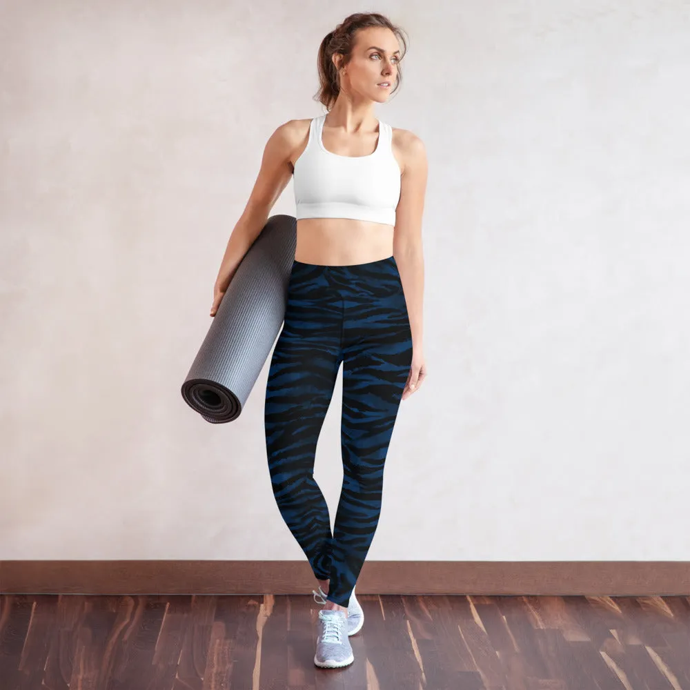 Navy Blue Tiger Yoga Leggings, Striped Animal Print Women's Long Tights-Made in USA/EU