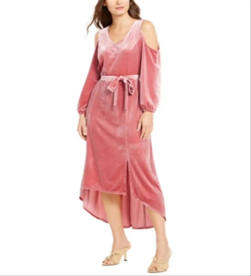 NY Collection Women's Velvet Cold Shoulder Tie Waist Dress Pink Size Petite Medium