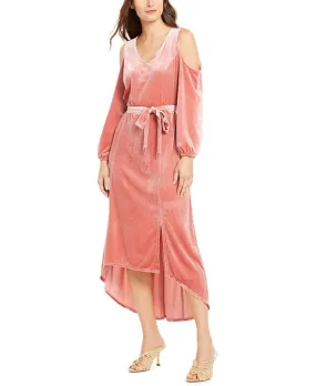 NY Collection Women's Velvet Cold Shoulder Tie Waist Dress Pink Size Petite Medium