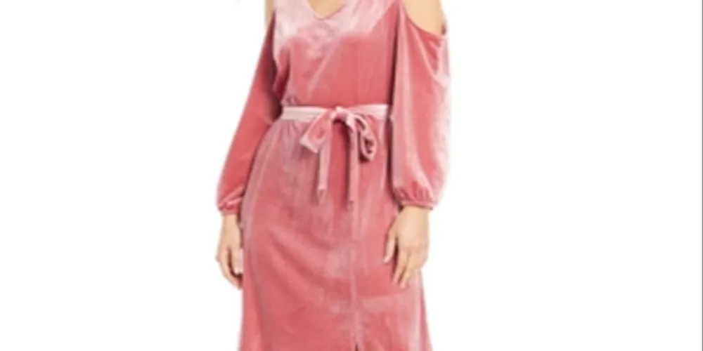 NY Collection Women's Velvet Cold Shoulder Tie Waist Dress Pink Size Petite Medium