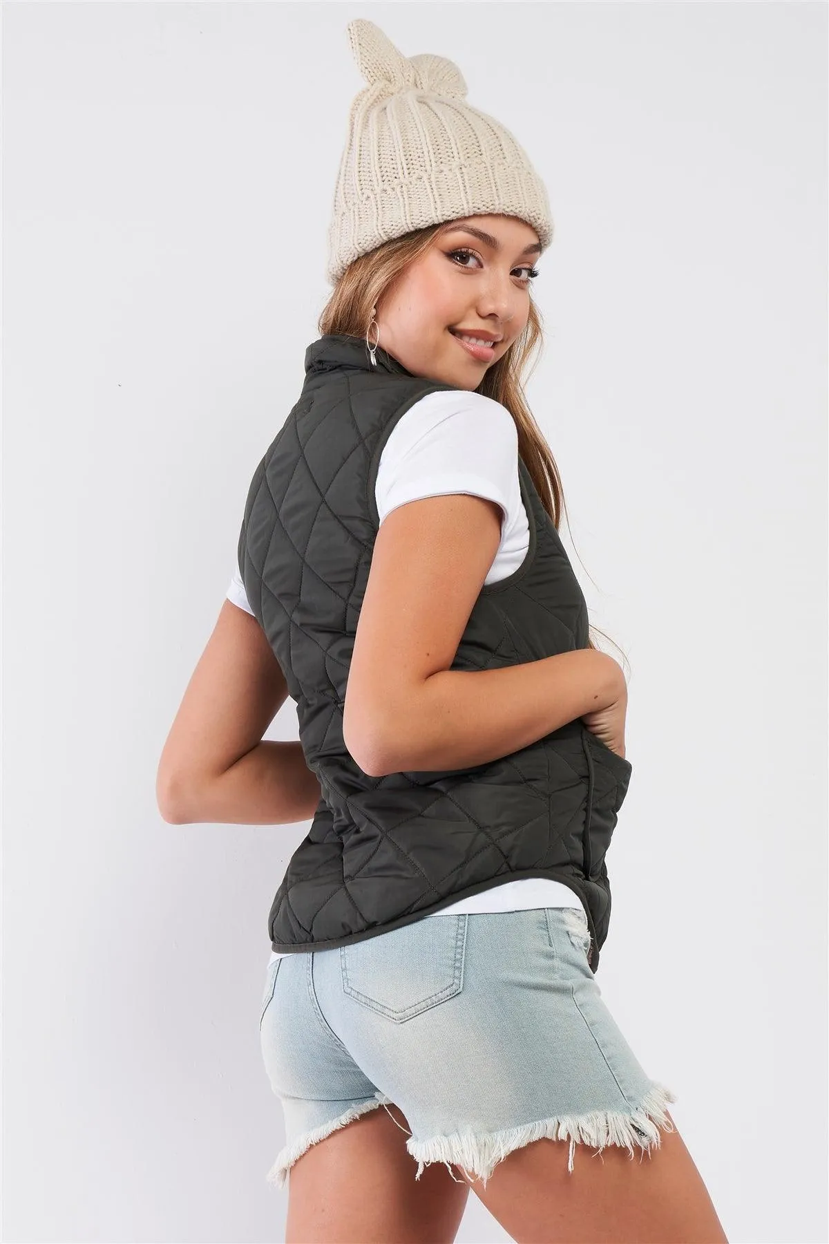 Olive Quilted Puff Two Pockets Zip-Up Turtleneck Vest /1-2-2