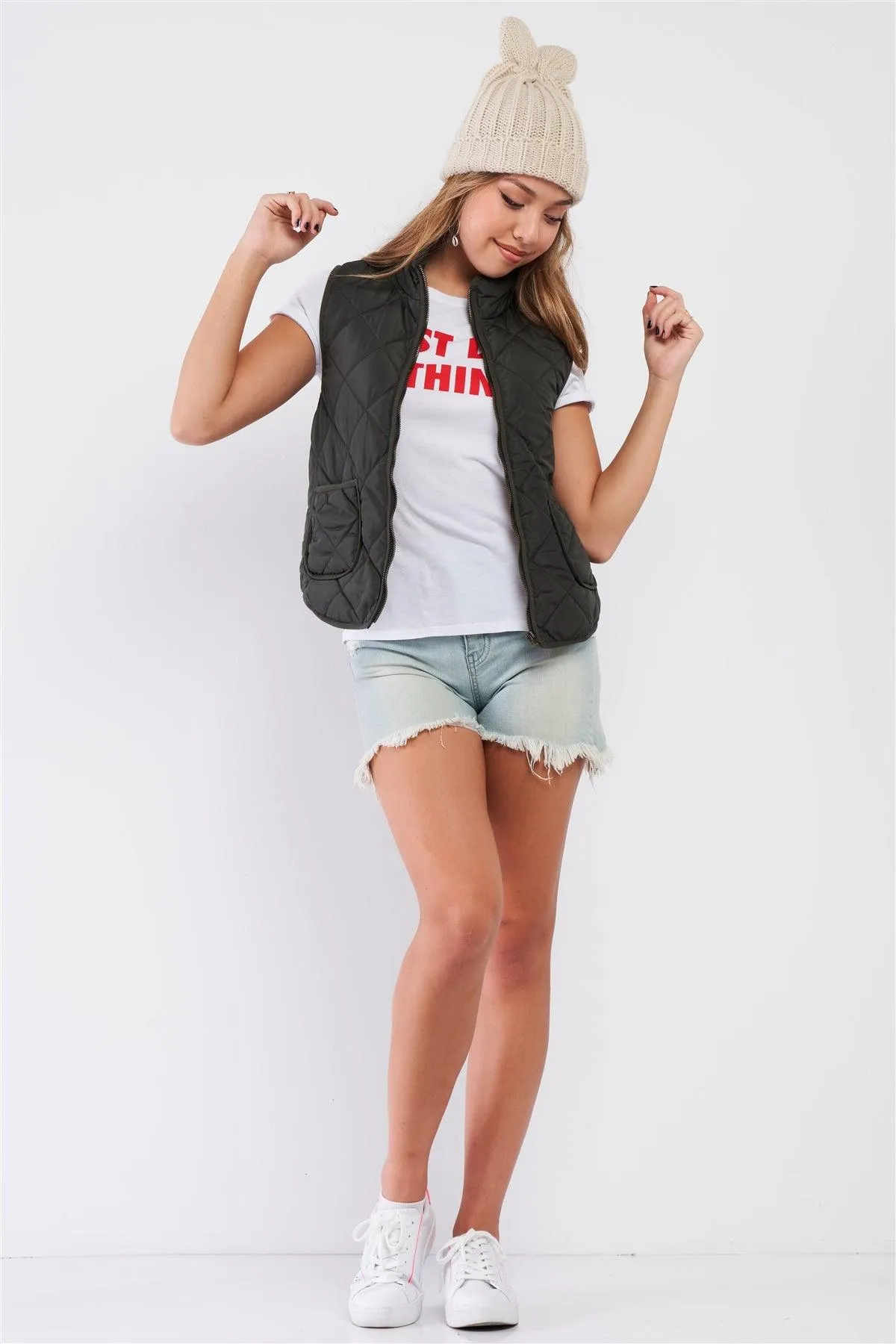 Olive Quilted Puff Two Pockets Zip-Up Turtleneck Vest /1-2-2